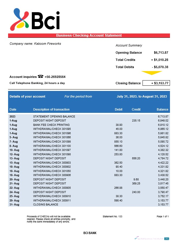 Download BCI Bank company account statement Word and PDF template Photoshop template